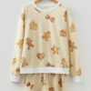 Beige Gingerbread Man Christmas Print Long Sleeve Pullover Lounge Short Set