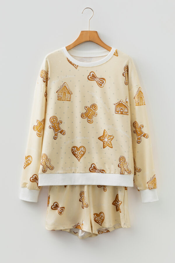 Beige Gingerbread Man Christmas Print Long Sleeve Pullover Lounge Short Set