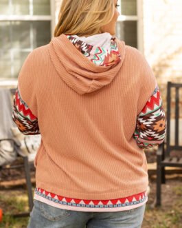Khaki Aztec Patchwork Waffle Knit Plus Size Hoodie