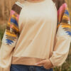 Light French Beige Aztec Patchwork Raglan Pullover Sweatshirt
