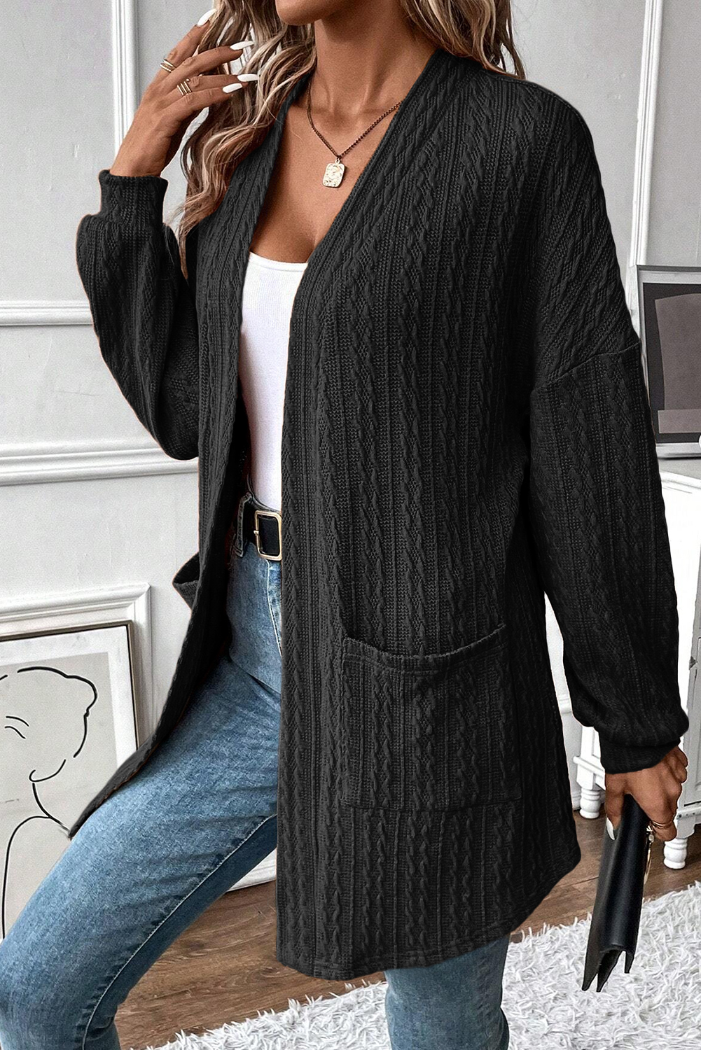 Canton Textured Knit Side Pockets Open Front Cardigan - Image 6