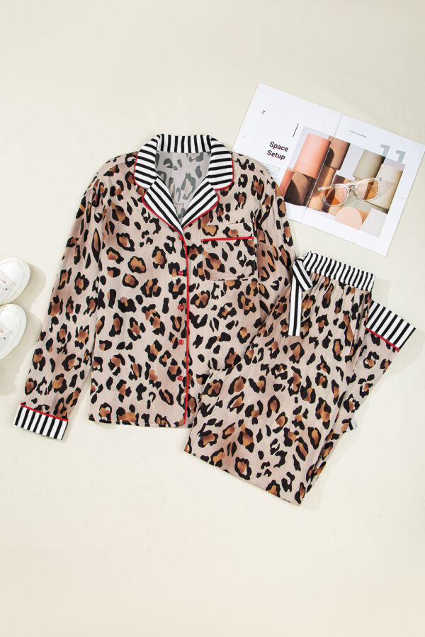 Dearlove Khaki Leopard Print Colorblock Striped Edge Shirt and Pants Pajama Set
