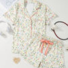 Beige Bow Fruit Print Contrast Pipping Short Pajamas Set