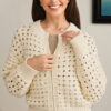 Beige Hollowed Pattern Knit Zip Up Drop Shoulder Sweater Cardigan