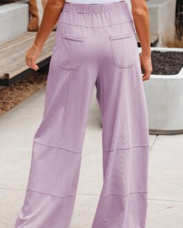 Pink Mineral Wash Exposed Seam Drawstring Elastic Waistband Wide Leg Cargo Pants