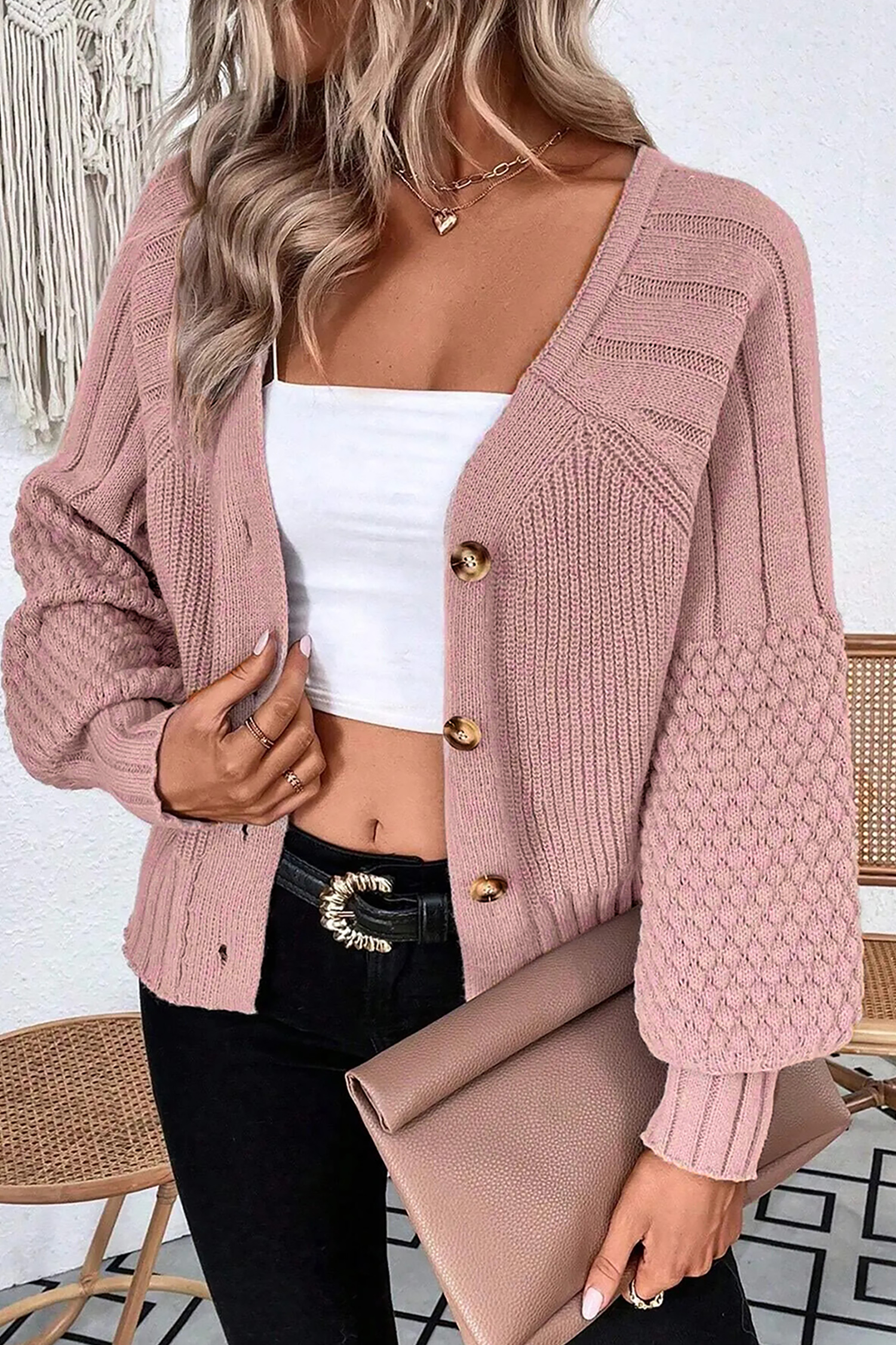 Light Pink Mixed Texture Knit Button V Neck Sweater Cardigan - Image 3