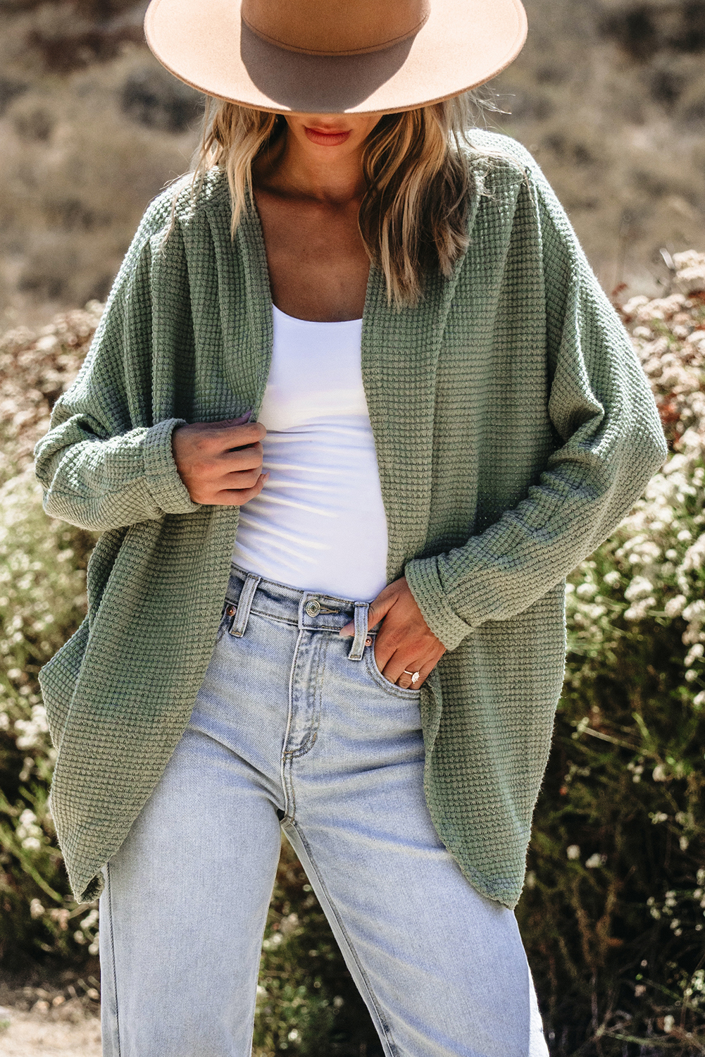 Laurel Green Waffle Knit Open Front Cardigan - Image 6
