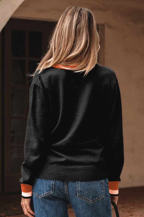 Gray Contrast Striped Trim V Neck Varsity Sweater