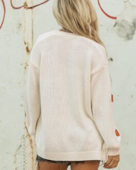 White Pumpkin Print Open Front Drop Shoulder Midi Cardigan