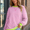 Rose Stripe Contrast Ribbed Trim Crossed Stitch Drop Shoulder Sweatshirt
