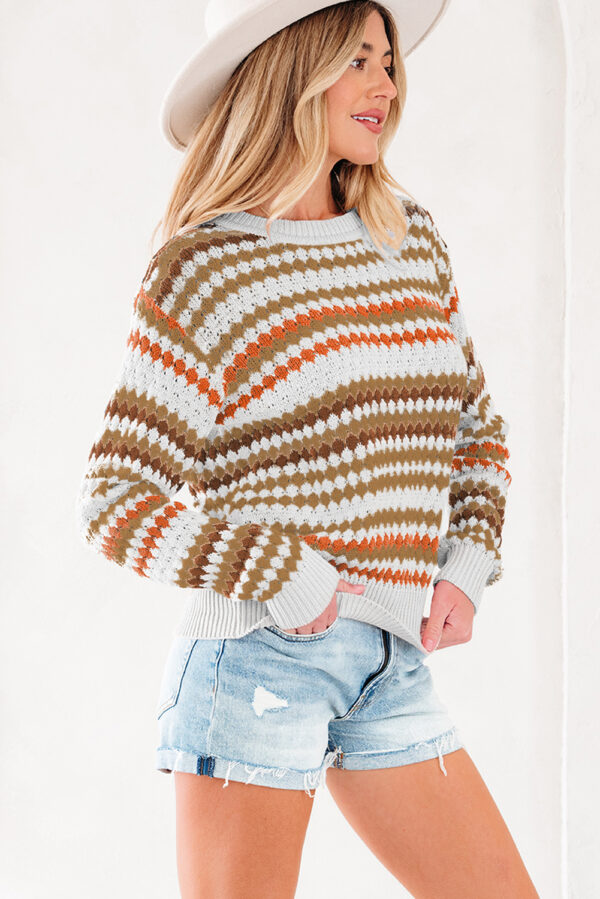 Khaki Stripe Eyelet Patterned Drop Shoulder Sweater