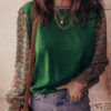 Apricot Floral Patchwork Shirred Cuff Puff Sleeve Sweater
