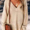 Dark Brown Loose Eyelet V Neck Drop Shoulder Sweater
