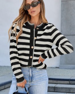 White Stripe Chic Golden Button Cardigan Sweater