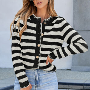 White Stripe Chic Golden Button Cardigan Sweater