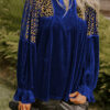 Sky Blue Leopard Patchwork Shoulder Flounce Sleeve Velvet Blouse