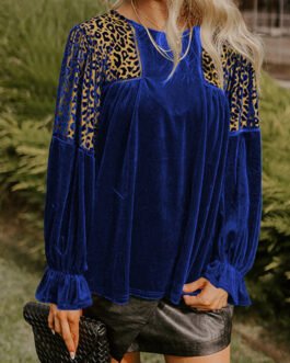 Sky Blue Leopard Patchwork Shoulder Flounce Sleeve Velvet Blouse