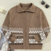 Brown Western Printed Ribbed Trim Collared Zip up Cardigan