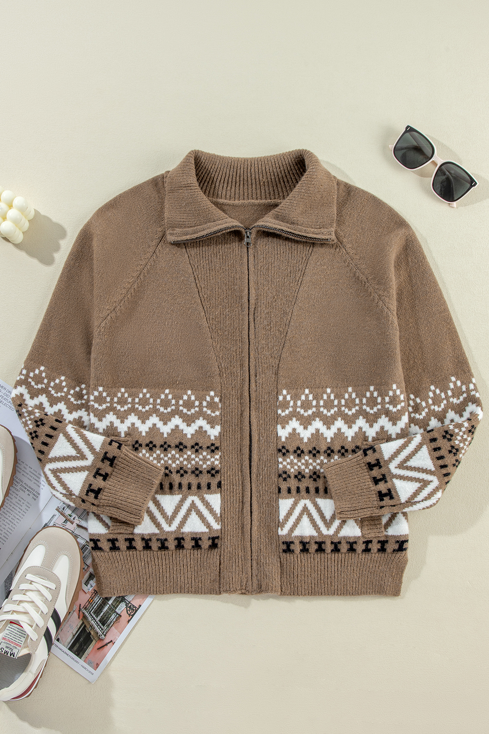 Brown Western Printed Ribbed Trim Collared Zip up Cardigan - Image 6