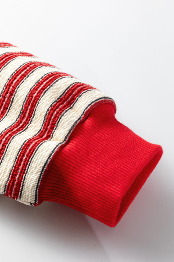 Dark Green Striped Print Contrast Collar Zip V Neck Long Sleeve Top