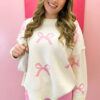 Pink Bow Print Ribbed Trim Exposed Seam Drop Shoulder Loose Sweater