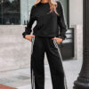 Black Varsity Striped Detail Crewneck Pullover Elastic Sweatpants 2pcs Outfit