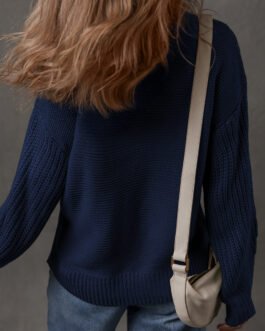 Dirty blue Solid Color Front Seam Drop Shoulder Loose Sweater