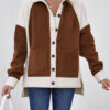 Brown Color Block Patchwork Button Down Fleece Shacket