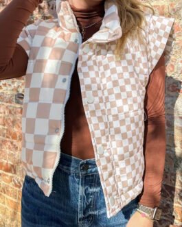 Khaki Contrast Plaid Quilted Button Zip Up Vest