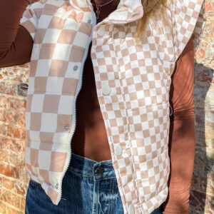Khaki Contrast Plaid Quilted Button Zip Up Vest