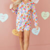 Pink Valentines Candy Heart V Neck Collared Tunic Shirt and Shorts 2pcs Pajama Set