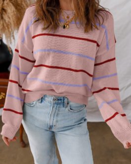 Pink Stripe Ribbed Edge Drop Shoulder Sweater