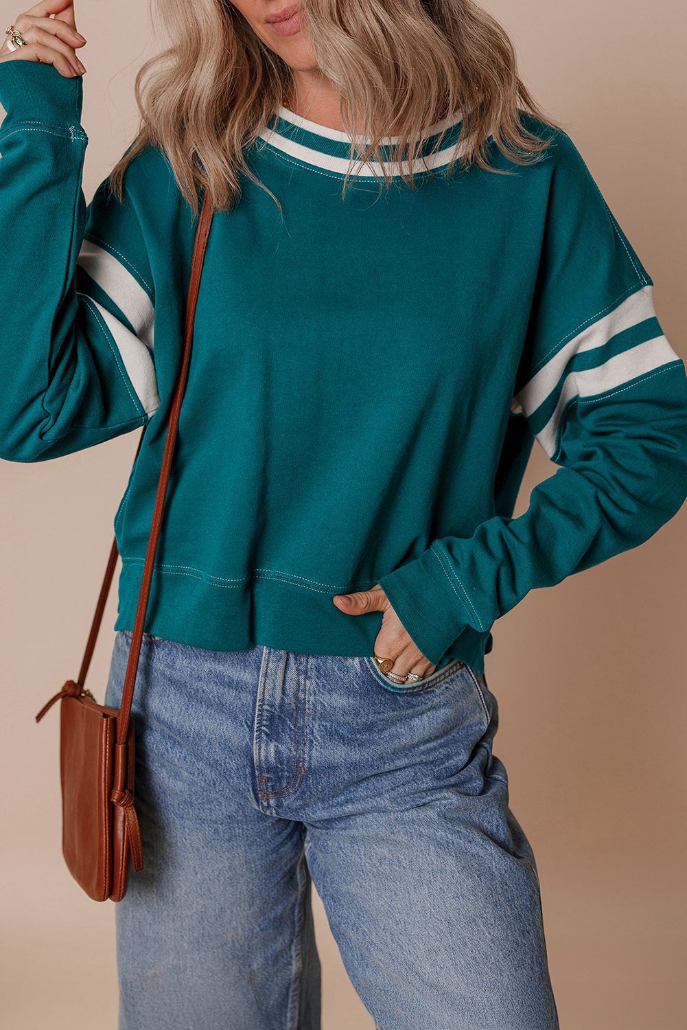 Blackish Green Contrast Striped Patchwork Round Neck Drop Shoulder Sweatshirt - Image 7