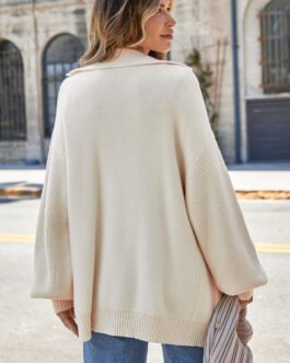 Beige Solid Color Knit Lapel Collar Single Button Sweater Cardigan