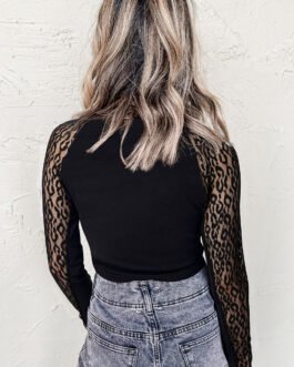 Black Leopard Mesh Patchwork Knit Long Sleeve Top