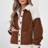 Brown Color Block Patchwork Button Down Fleece Shacket