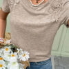 Smoke Gray Solid Color Lace Patched Detail Round Neck Tee