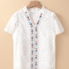 White Geometric Embroidery Hollow Out Blouse