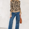 Dearlovers Brown Leopard Pattern Lace Ribbed Detail Button Cuffed Sweater
