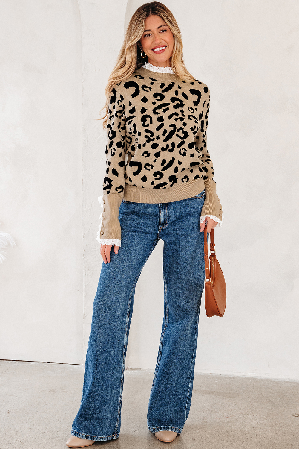 Dearlovers Brown Leopard Pattern Lace Ribbed Detail Button Cuffed Sweater - Image 4