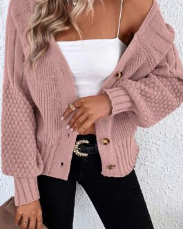 Light Pink Mixed Texture Knit Button V Neck Sweater Cardigan