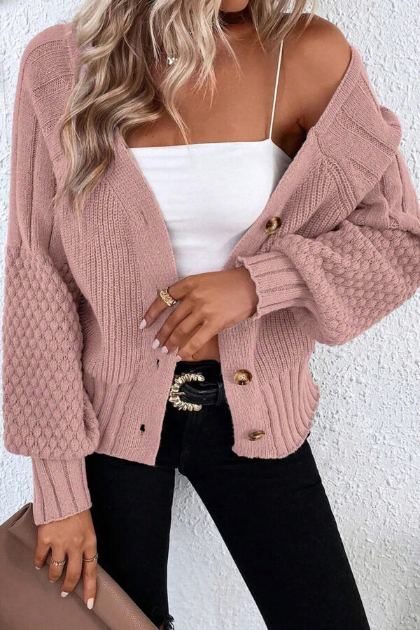 Light Pink Mixed Texture Knit Button V Neck Sweater Cardigan