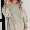 Khaki Solid Ribbed Knit Round Neck Pullover Sweatshirt