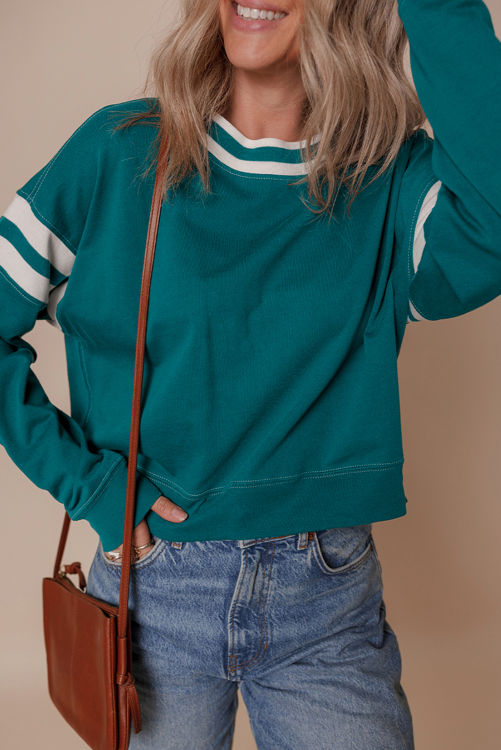Blackish Green Contrast Striped Patchwork Round Neck Drop Shoulder Sweatshirt - Image 3