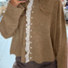 Simply Taupe Contrast Frilled Lace Trim Loose Cardigan Sweater