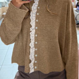 Simply Taupe Contrast Frilled Lace Trim Loose Cardigan Sweater