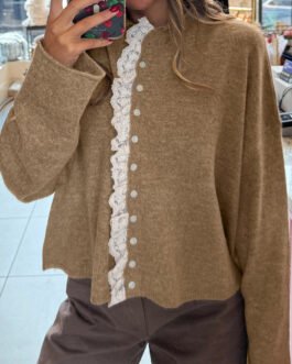Simply Taupe Contrast Frilled Lace Trim Loose Cardigan Sweater
