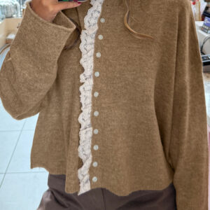 93419593-ed94ac31e078c3b7.jpg Simply Taupe Contrast Frilled Lace Trim Loose Cardigan Sweater