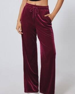 Burgundy Solid Drawstring Waist Wide Leg Pants