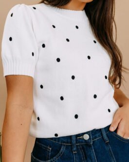 White Elegant Polka Dot Bubble Short Sleeve Sweater